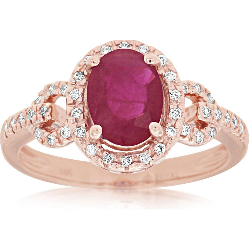 Royal 14K Rose Gold Oval Ruby Halo Ring with Surrounding Diamonds - 1.41 Carat Total Gem Weight