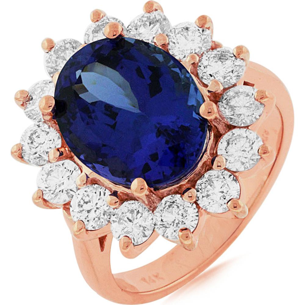 Royal 14K Rose Gold Oval Tanzanite and Diamond Halo Ring - 6.00 Carats Tanzanite, 1.90 Carats Diamond