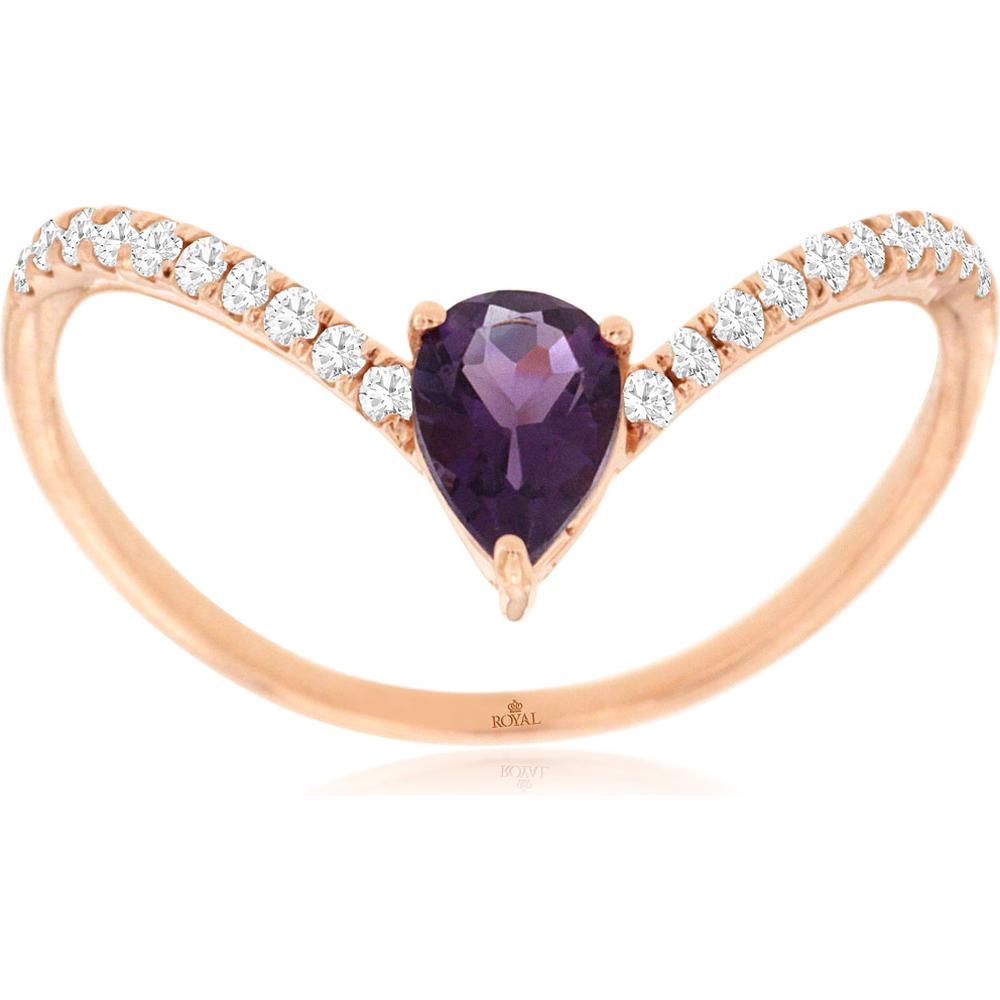 Royal 14K Rose Gold Pear Amethyst & Diamond Ring - 0.35 Carat Amethyst, 0.14 Carat Total Diamond Weight