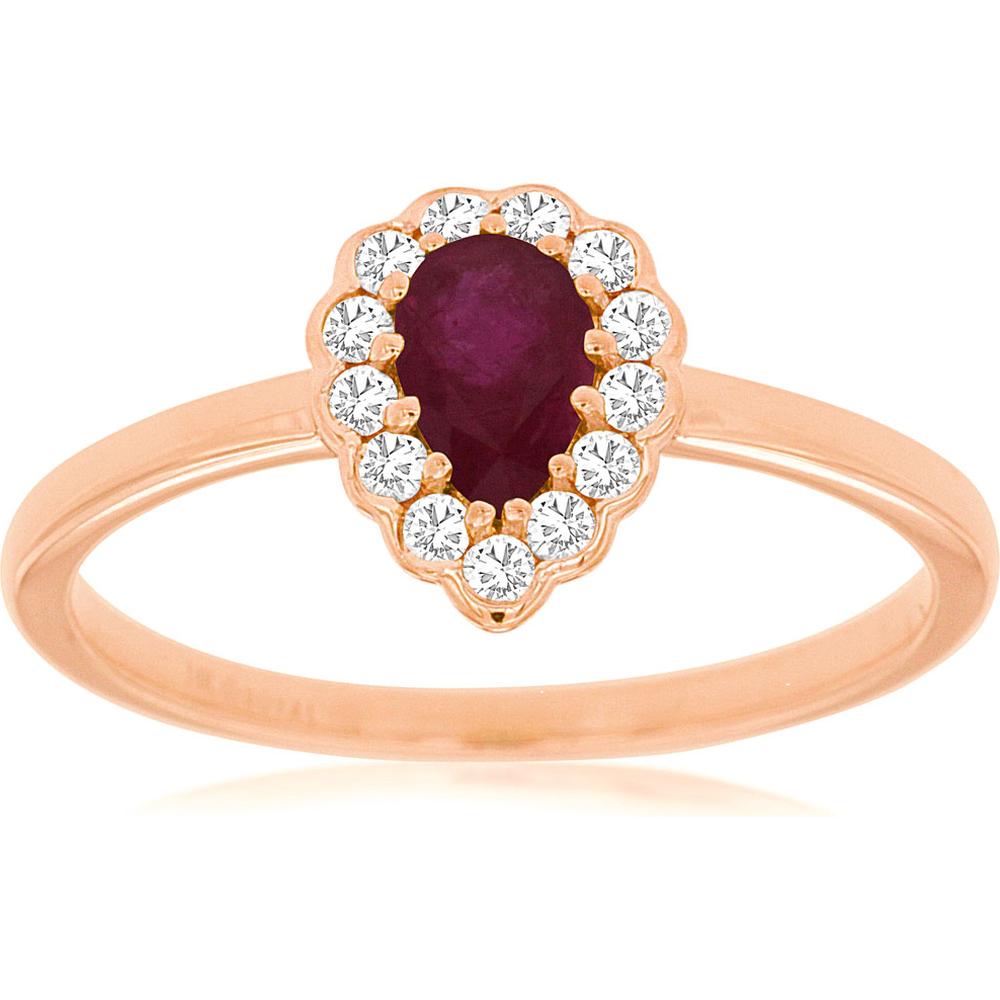 Royal 14K Rose Gold Pear Ruby & Diamond Ring - 0.45 Carat Ruby, 0.14 Carat Diamond Total