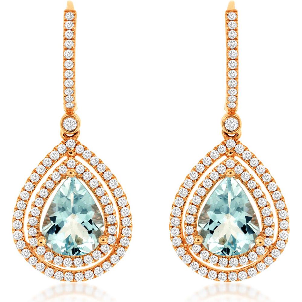 Royal 14K Rose Gold Pear Shape Aquamarine & Diamond Earrings - 3.45 Total Carat Weight