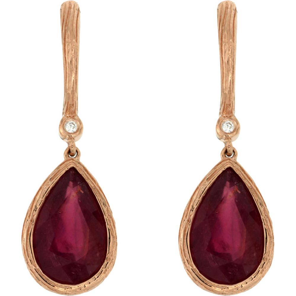 Royal 14K Rose Gold Pear Shaped Glass Filled Ruby & Diamond Earrings - 7.30 Carat Total Ruby Weight