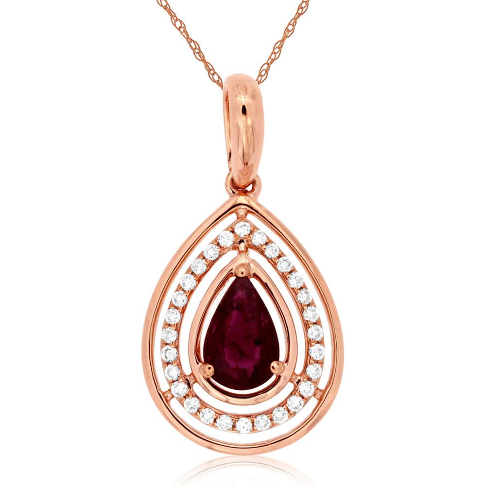 Royal 14K Rose Gold Pear-Shaped Ruby and Diamond Halo Pendant Necklace – 0.45 Carats Ruby, 0.09 Carats Diamonds