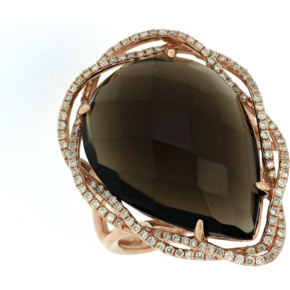 Royal 14K Rose Gold Pear-Shaped Smoky Quartz and Diamond Ring - 13.56 Carat Total Gem Weight