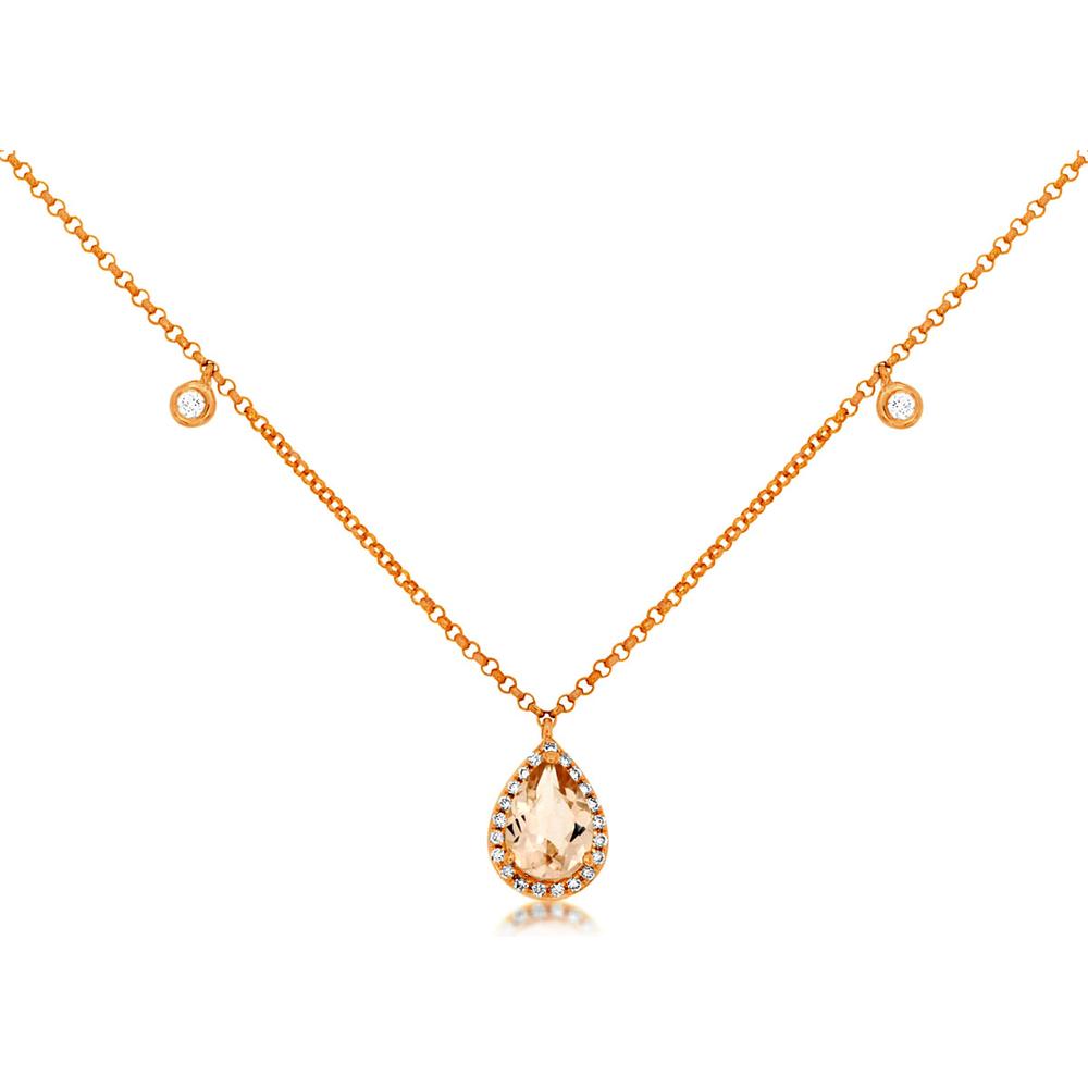 Royal 14K Rose Gold Pendant Necklace with Pear-Shaped Morganite and Diamond Halo - 0.65 Carat Morganite and 0.12 Carat Diamonds