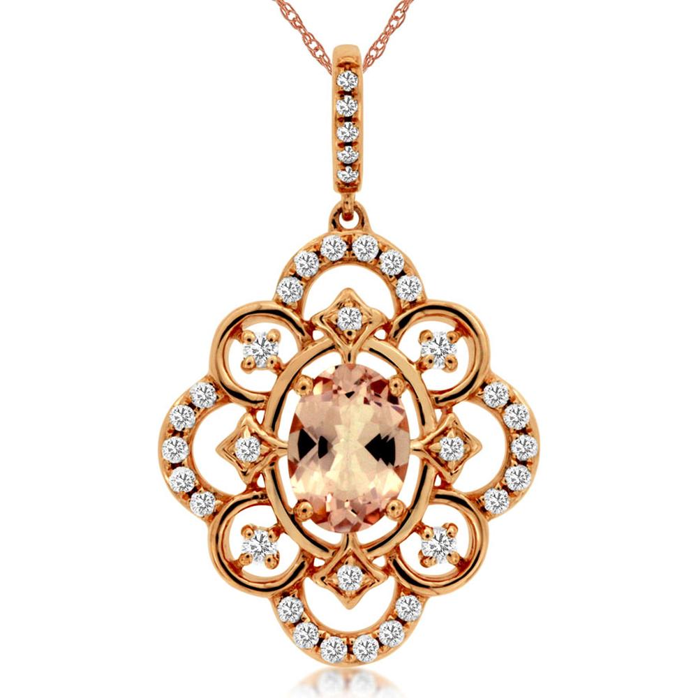 Royal 14K Rose Gold Pendant with 0.65 Carat Oval Morganite and 0.24 Carat Diamond Halo