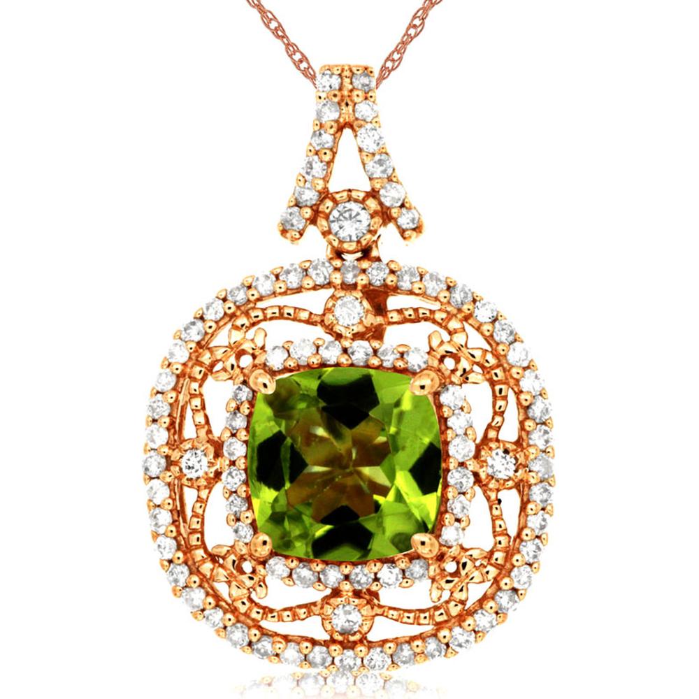 Royal 14K Rose Gold Pendant with 1.50 Carat Cushion-Cut Peridot and 0.38 Carat Diamond Halo