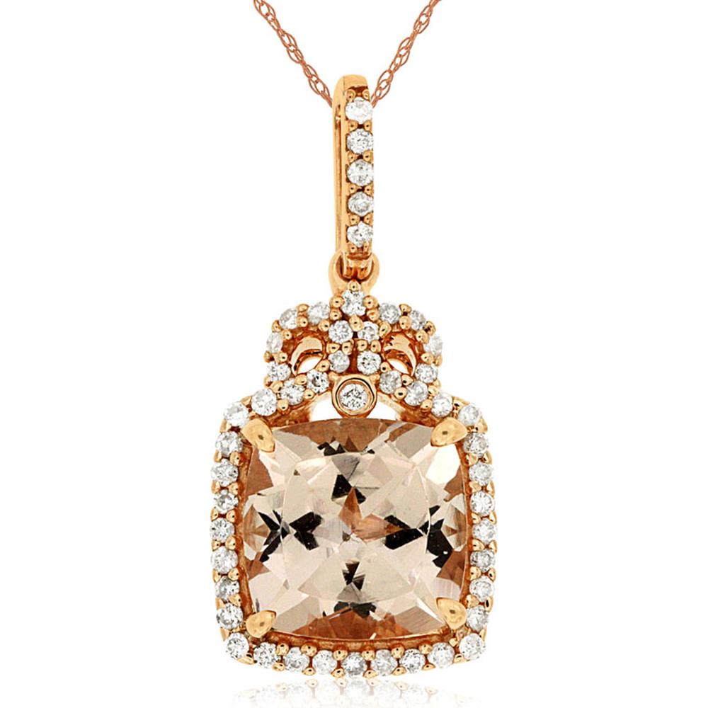 Royal 14K Rose Gold Pendant with 2.00 Carat Cushion Cut Morganite and 0.20 Carat Diamond Halo