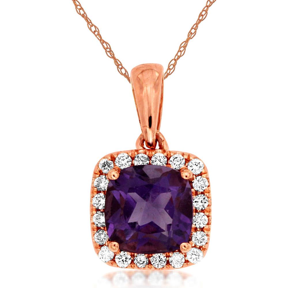 Royal 14K Rose Gold Pendant with Cushion-Cut Amethyst and Diamond Halo - 0.96 Carat Total Gem Weight