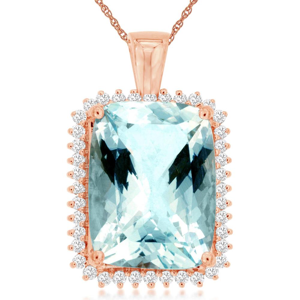 Royal 14K Rose Gold Pendant with Cushion Cut Aquamarine & Diamond Halo - 12.50 Carat Aquamarine and 0.50 Carat Total Diamond Weight