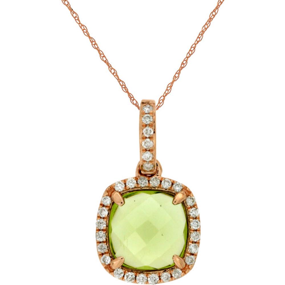 Royal 14K Rose Gold Pendant with Cushion Cut Peridot and Diamond Halo - 1.87 Carat Total Weight