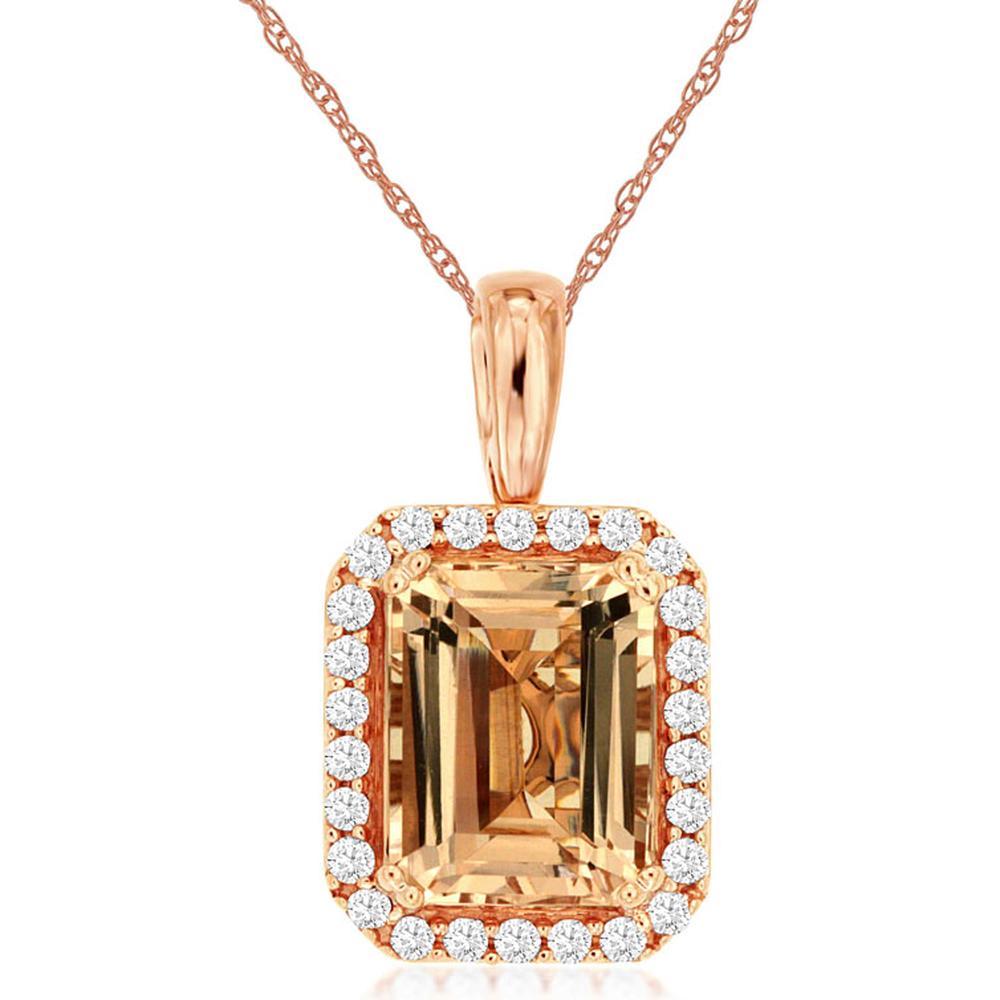 Royal 14K Rose Gold Pendant with Emerald-Cut Morganite and Diamond Halo - 2.30 Carat Total Gem Weight