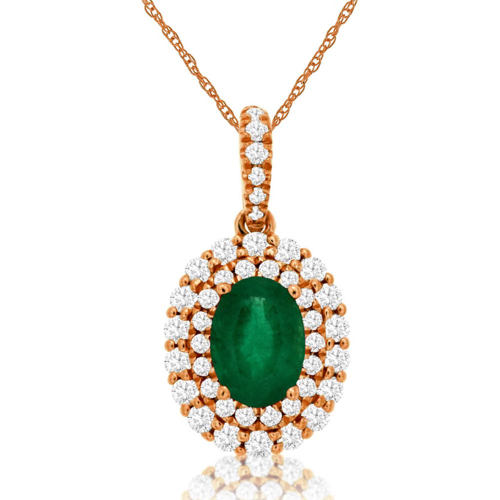Royal 14K Rose Gold Pendant with Oval Emerald and Diamond Halo - 1.09 Carats Total Weight