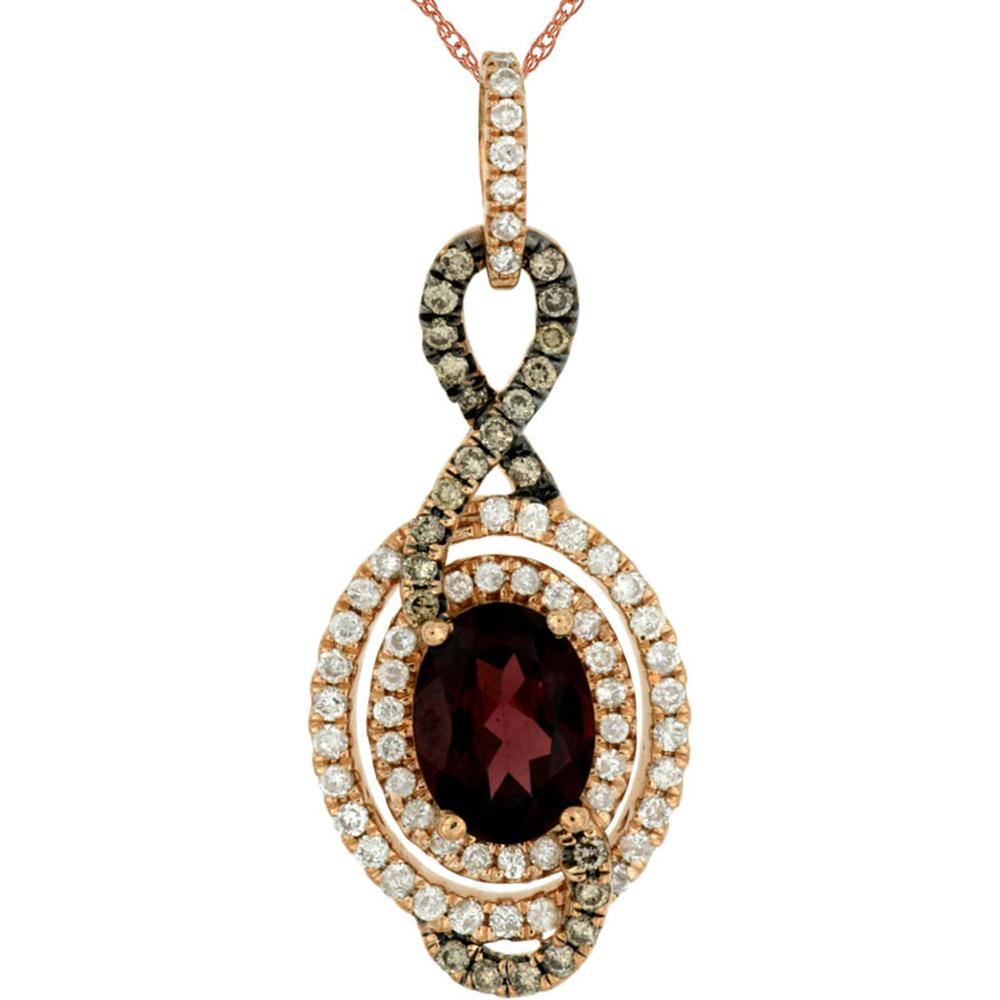 Royal 14K Rose Gold Pendant with Oval Rhodolite Garnet and Diamond & Mocha Accents - 1.55 Carats Rhodolite