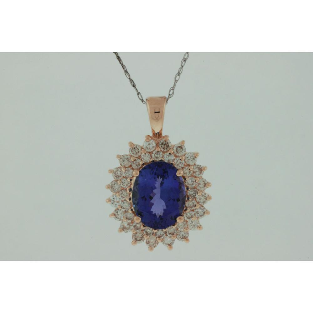 Royal 14K Rose Gold Pendant with Oval Tanzanite 2.90 Carat and Diamond Halo 1.00ct