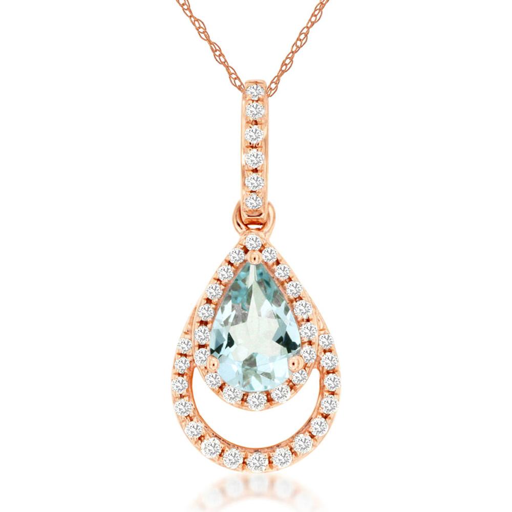 Royal 14K Rose Gold Pendant with Pear-Shaped Aquamarine and Halo of Diamonds - 0.46 Carat Total Gem Weight