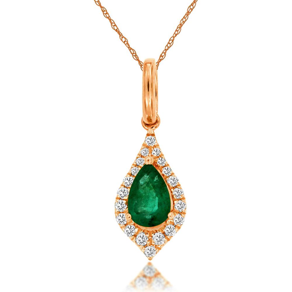 Royal 14K Rose Gold Pendant with Pear-Shaped Emerald and Diamond Halo - 0.38 Carat Emerald and 0.10 Carat Total Diamond Weight