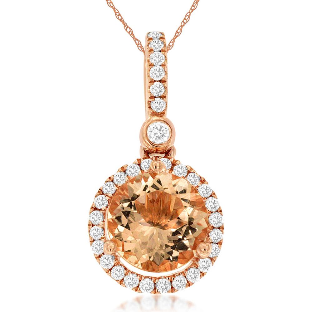 Royal 14K Rose Gold Pendant with Round Morganite and Diamond Halo - 1.25 Carat Morganite, 0.18 Carat Diamond Total Weight