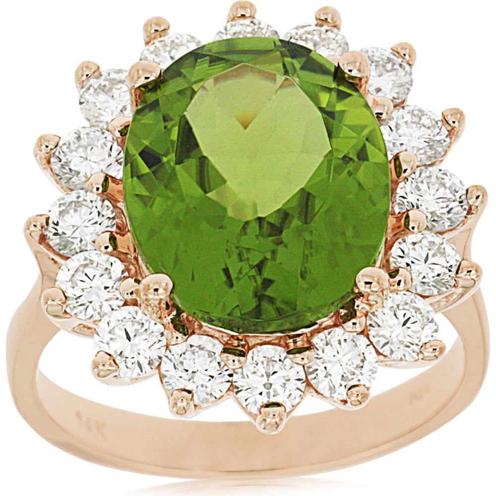 Royal 14K Rose Gold Peridot & Diamond Halo Ring - 4.85 Carats Peridot, 1.55 Carats Diamond Total Weight