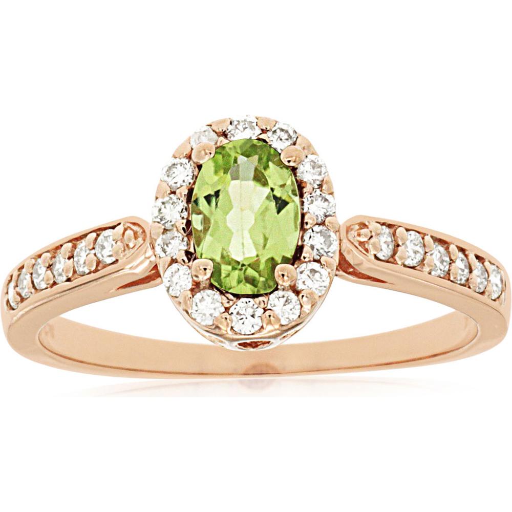 Royal 14K Rose Gold Peridot and Diamond Halo Ring - Elegant Gemstone Jewelry