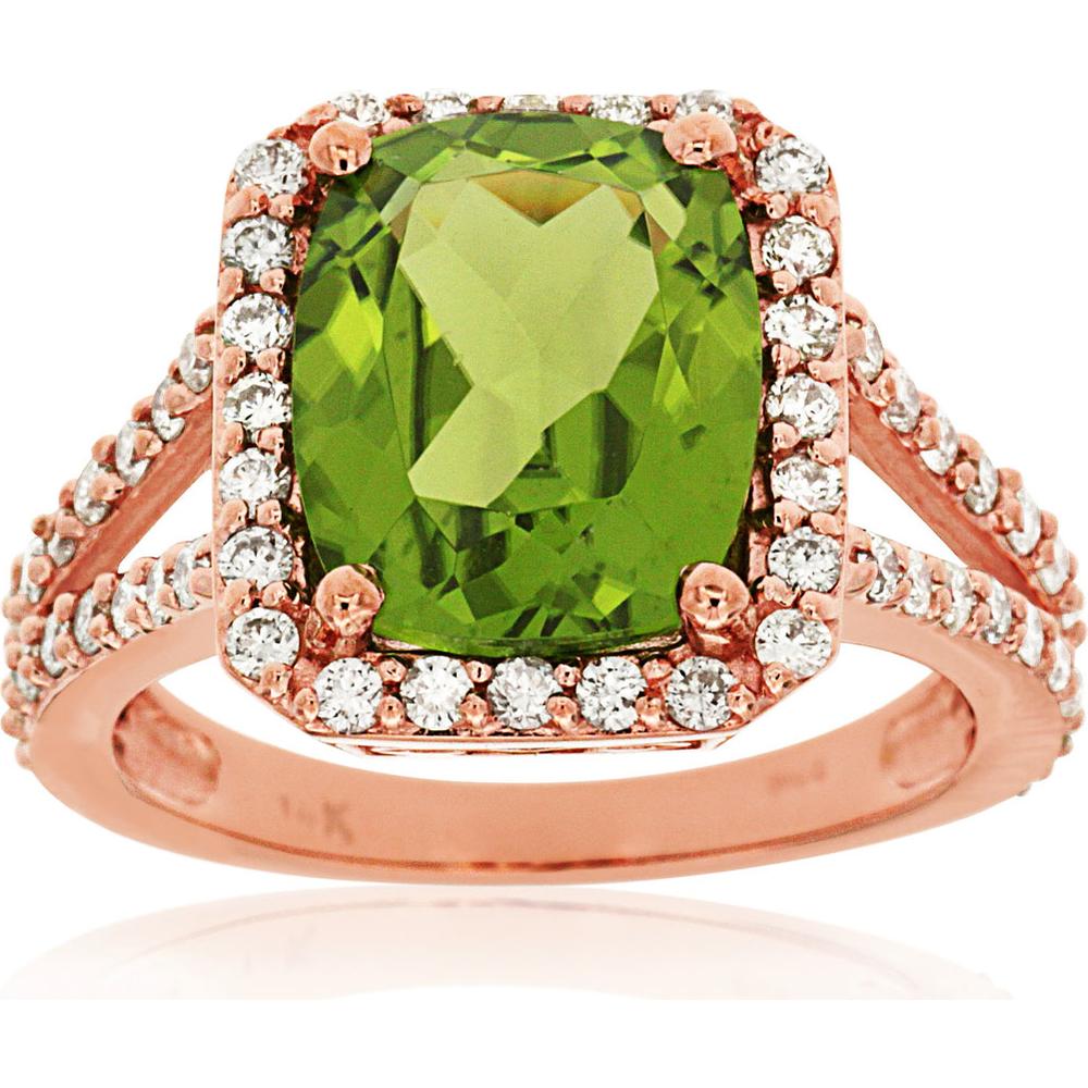 Royal 14K Rose Gold Peridot & Diamond Ring with Exquisite Cushion Cut Stone - 5.25 Carat Total Gem Weight