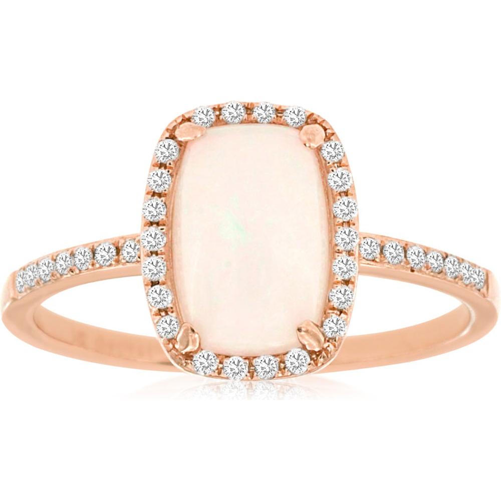 Royal 14K Rose Gold Rectangular Opal and Diamond Halo Ring - 1.00 Carat Opal and 0.14 Carat Total Diamond Weight