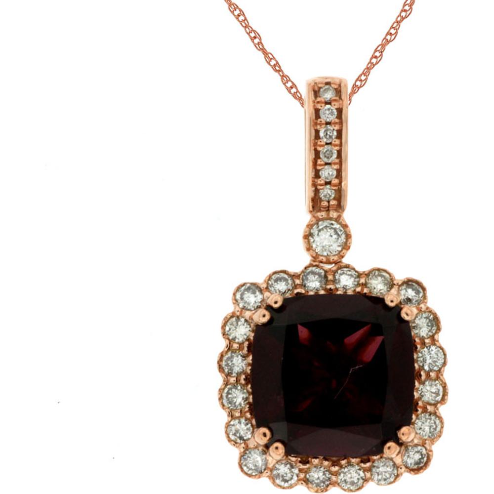 Royal 14K Rose Gold Rhodolite & Diamond Cushion Cut Pendant - 4.07 Carats Total Gem Weight