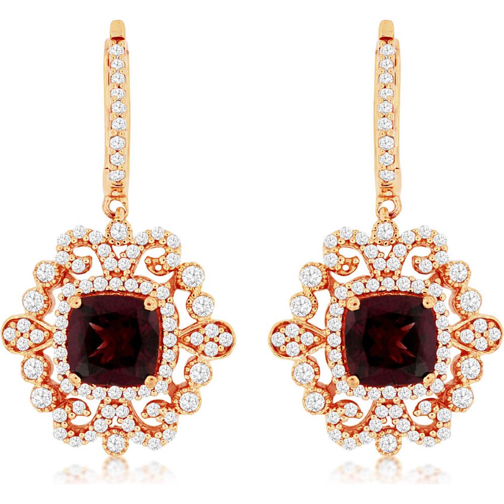 Royal 14K Rose Gold Rhodolite & Diamond Earrings - Exquisite Cushion Cut Luxury