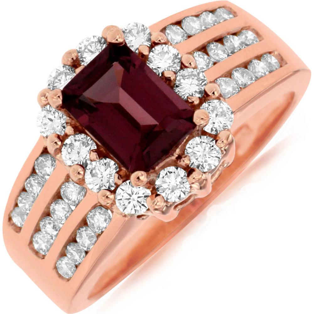 Royal 14K Rose Gold Rhodolite & Diamond Ring with Emerald Cut Rhodolite - 1.35 Carats Total Rhodolite Weight, 1.00 Carats Total Diamond Weight