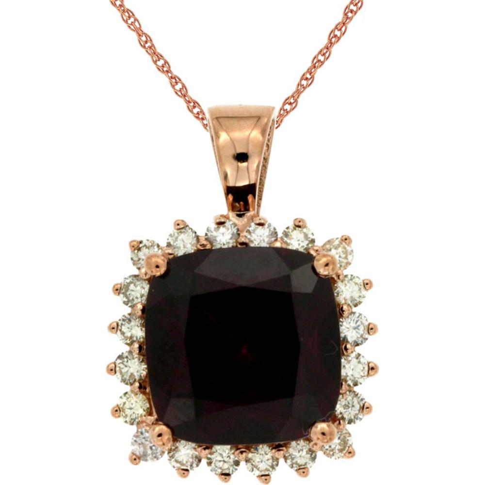 Royal 14K Rose Gold Rhodolite Cushion Cut Pendant with Diamond Halo - 4.95 Carats Total Gemstone Weight