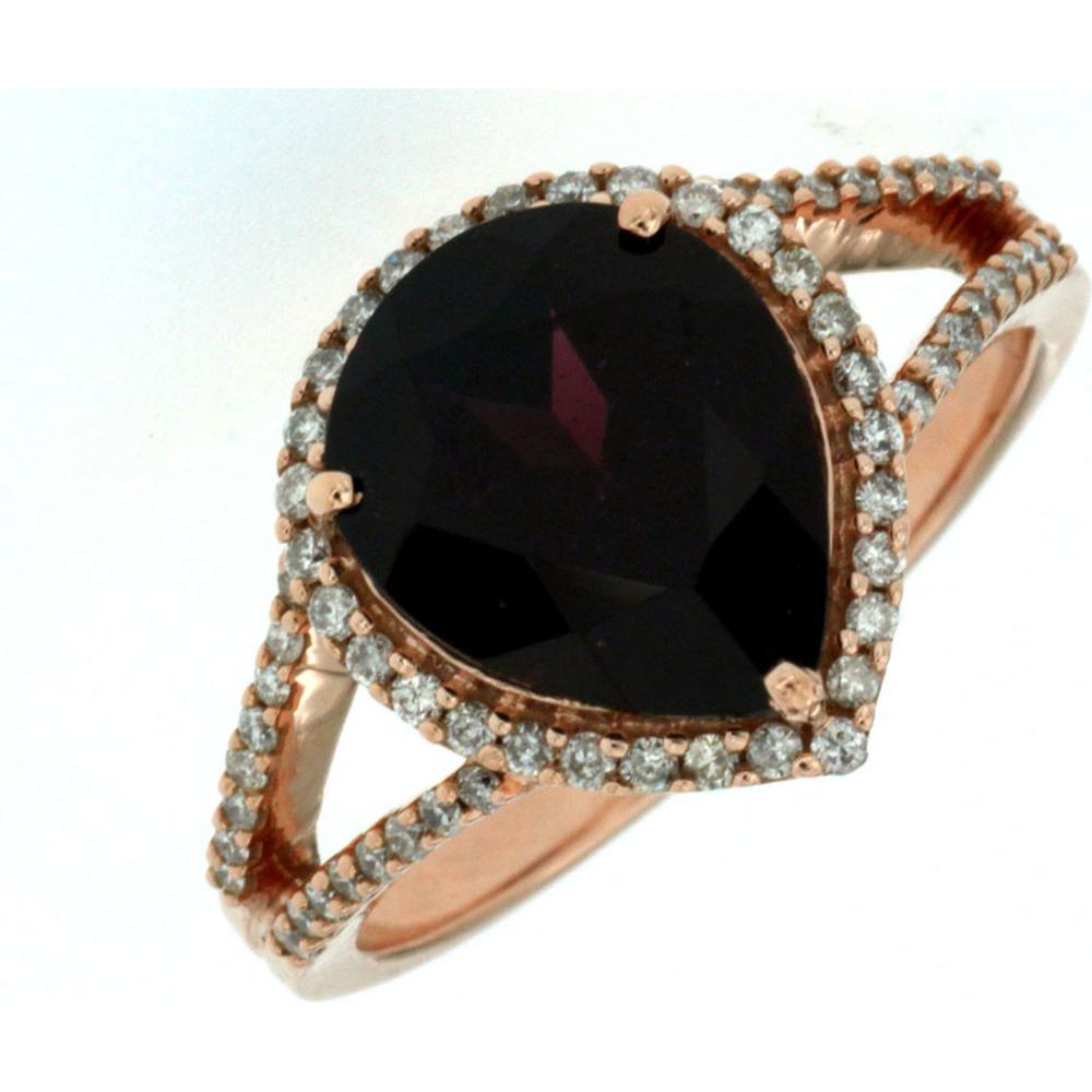 Royal 14K Rose Gold Rhodolite Pear Shape Ring with Diamond Accents - 4.20 Carats Total Gem Weight