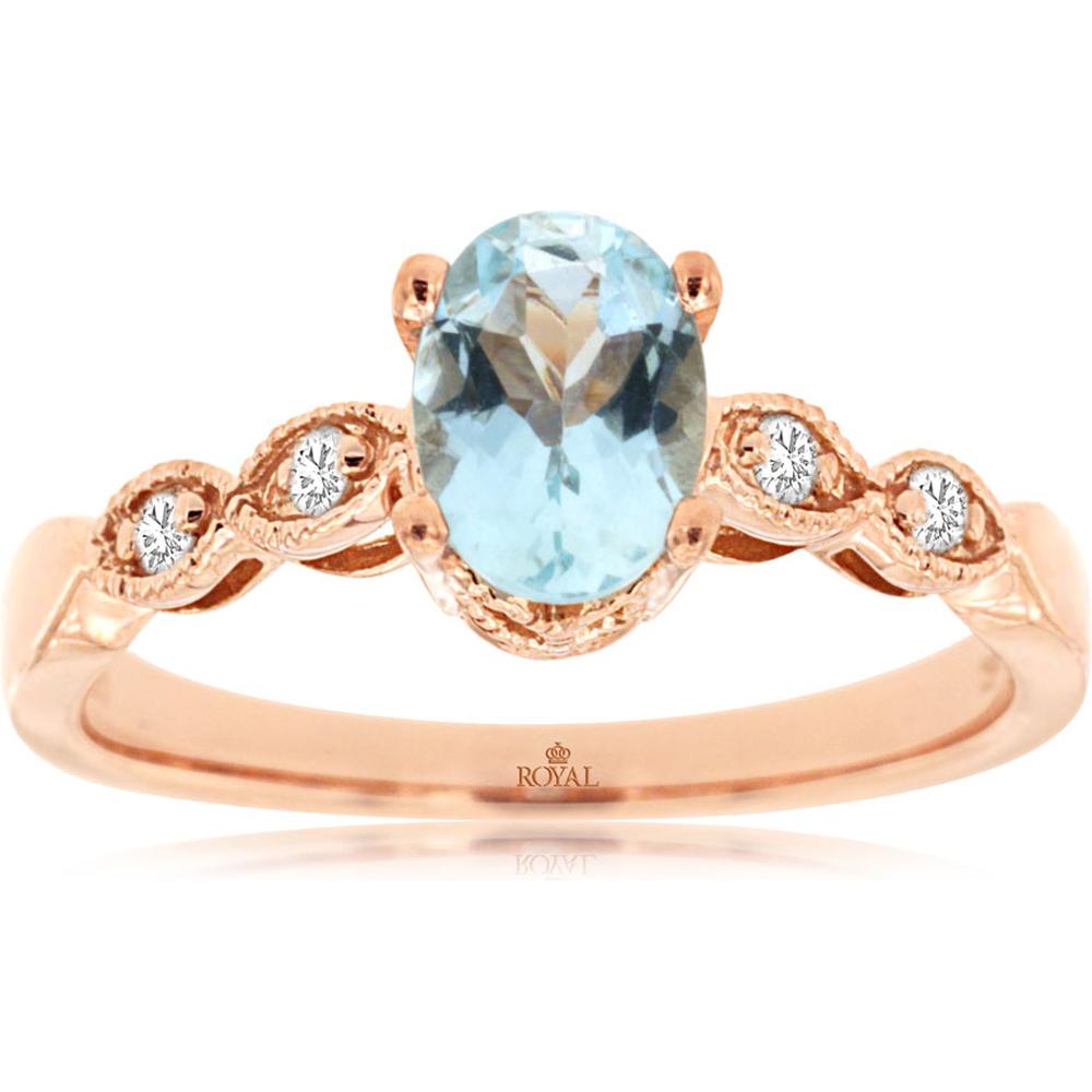 Royal 14K Rose Gold Ring with 0.70 Carat Oval Aquamarine and 0.08 Carat Diamond Accents