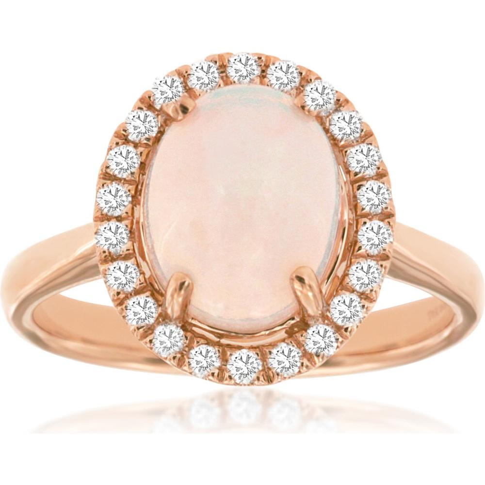Royal 14K Rose Gold Ring with 1.70 Carat Oval Opal and 0.25 Carat Diamond Halo