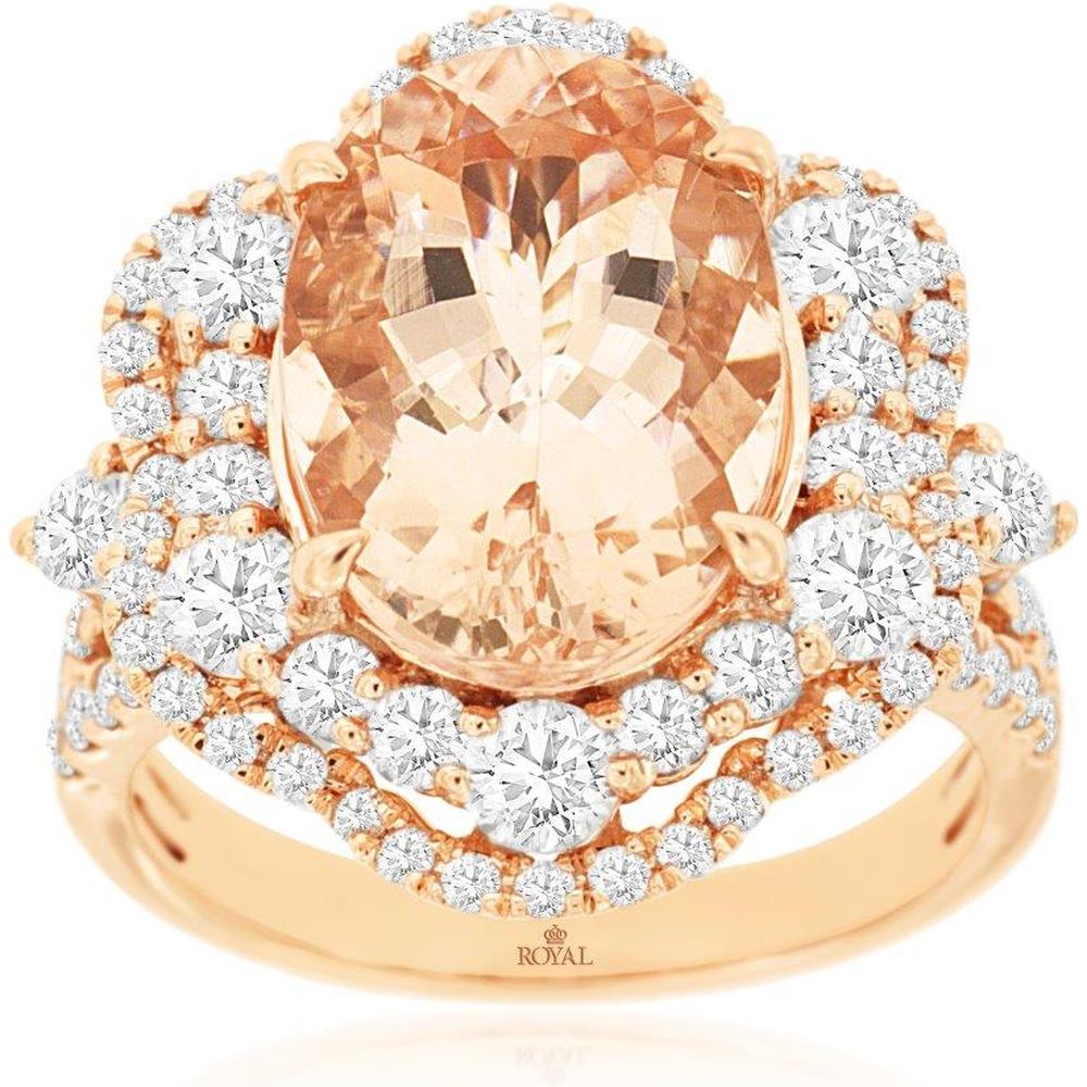 Royal 14K Rose Gold Ring with 5.45 Carat Oval Morganite and 1.85 Carats of Round Diamonds
