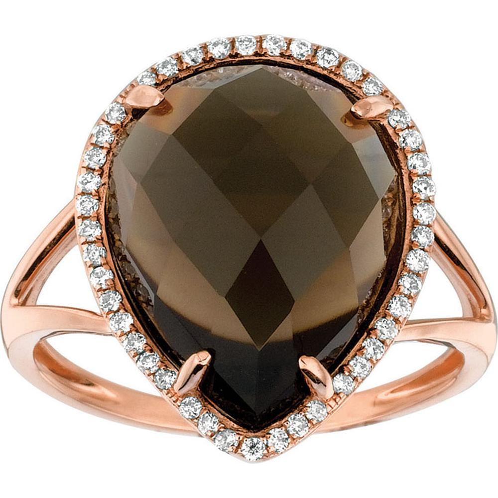 Royal 14K Rose Gold Ring with 8.40 Carat Pear-Shaped Smoky Quartz and 0.17 Carat Diamond Halo