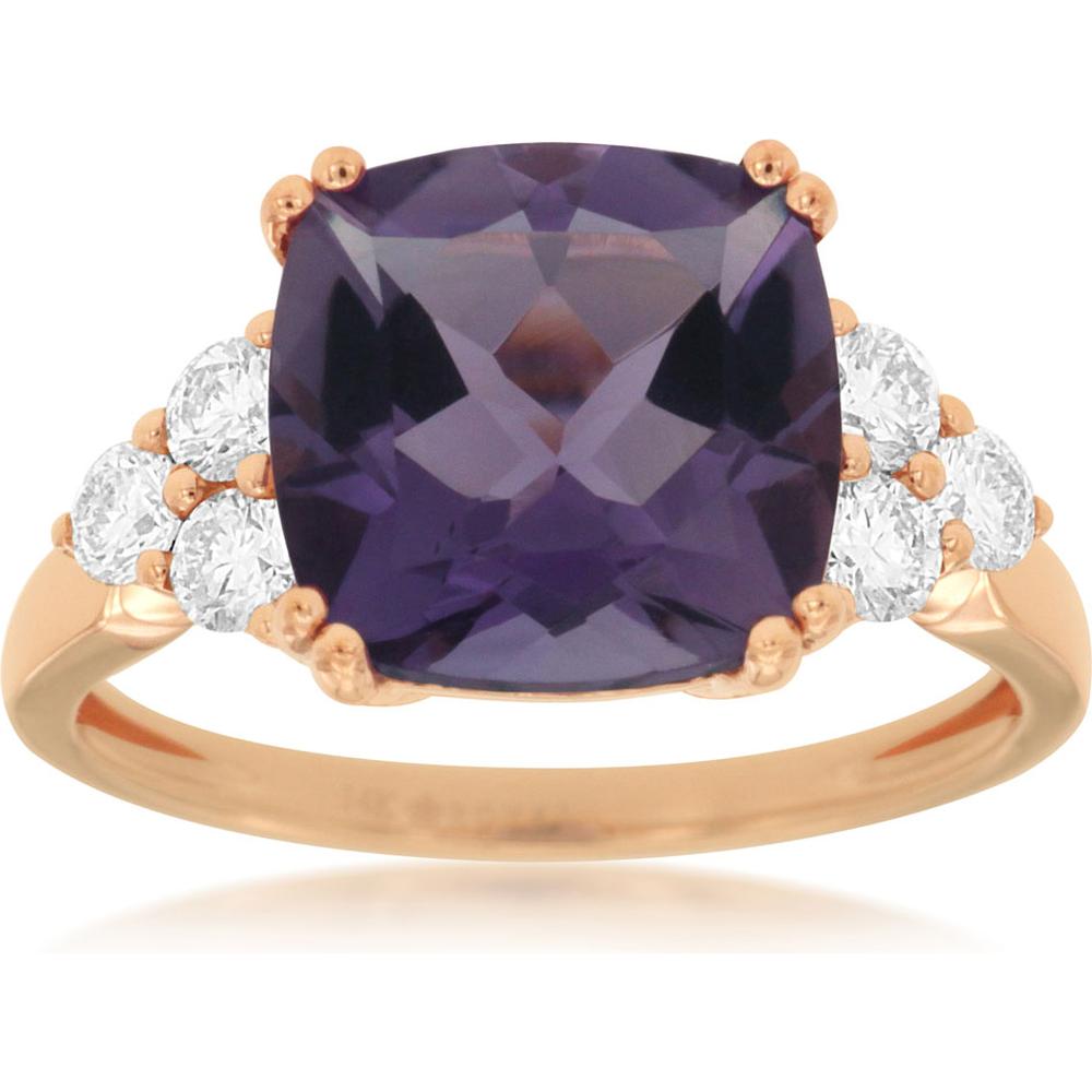 Royal 14K Rose Gold Ring with Cushion-Cut 3.50 Carat Amethyst and Round Diamonds - 0.45 Carat Total Diamond Weight