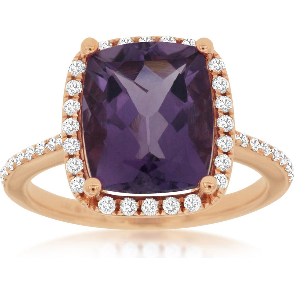 Royal 14K Rose Gold Ring with Cushion Cut Amethyst and Diamond Halo - 3.70 Carat Amethyst, 0.30 Carat Total Diamond Weight