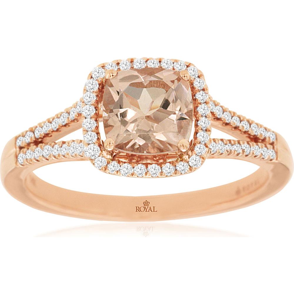 Royal 14K Rose Gold Ring with Cushion Cut Morganite and Round Diamonds - 0.86 Carat Morganite, 0.20 Carat Diamond