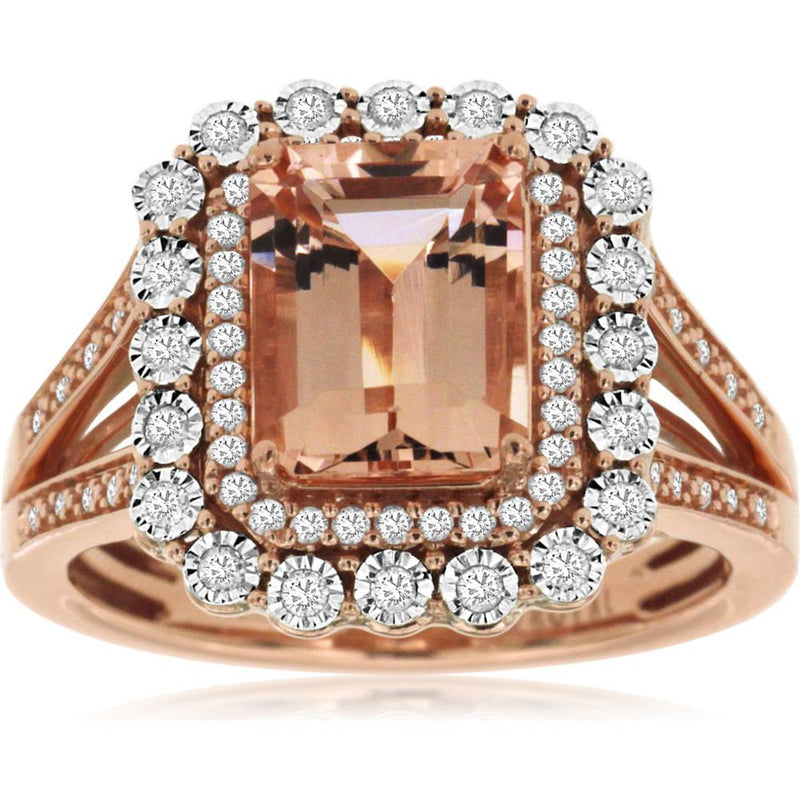 Royal 14K Rose Gold Ring with Emerald Cut 2.10 Carat Morganite and 0.33 Carat Diamond Halo