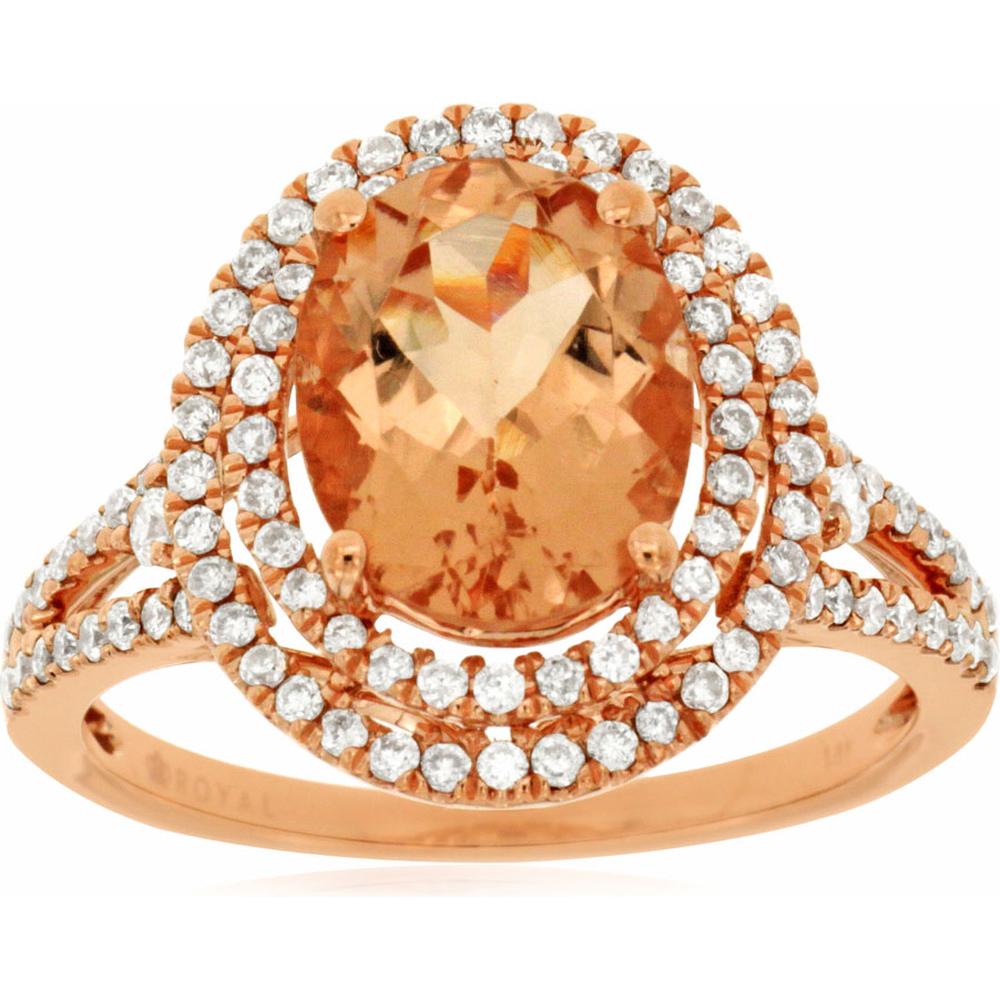 Royal 14K Rose Gold Ring with Oval Morganite and Diamond Halo - 2.60 Carat Morganite and 0.44 Carat Diamonds
