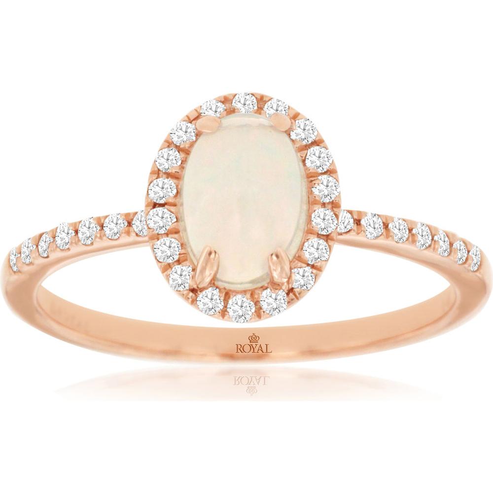 Royal 14K Rose Gold Ring with Oval Opal and Diamond Halo - 0.50 Carats Opal and 0.17 Carats Diamonds