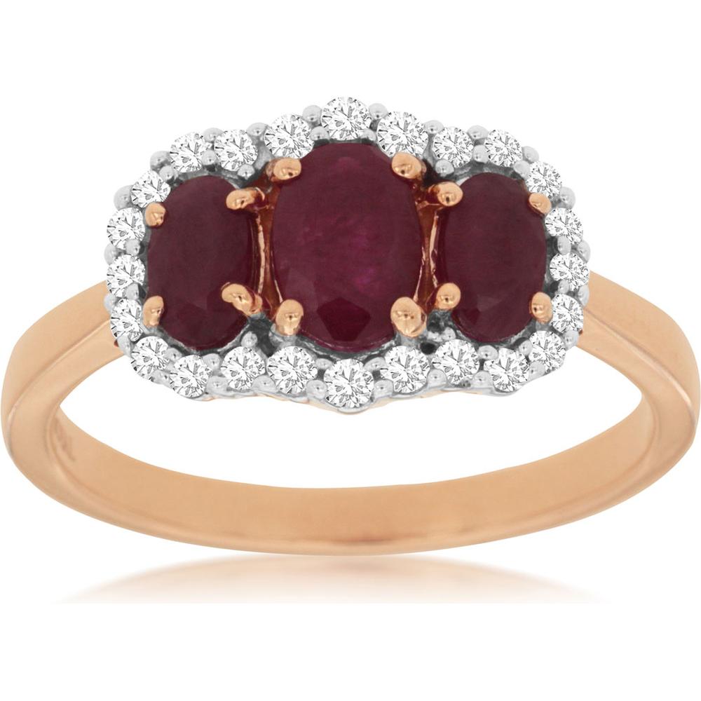 Royal 14K Rose Gold Ring with Oval Rubies and Diamond Halo - 1.62 Carat Total Gem Weight