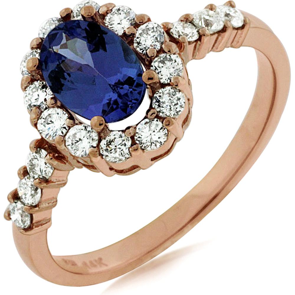 Royal 14K Rose Gold Ring with Oval Tanzanite and Diamond Halo - 0.85 Carat Tanzanite and 0.47 Carat Total Diamond Weight