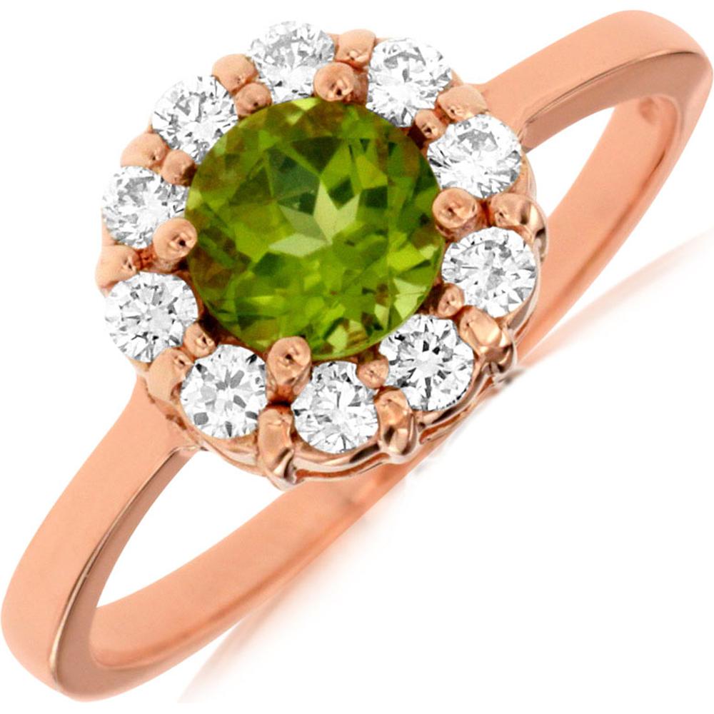 Royal 14K Rose Gold Ring with Round Peridot and Diamond Halo - 0.75 Carat Peridot, 0.30 Carat Diamond