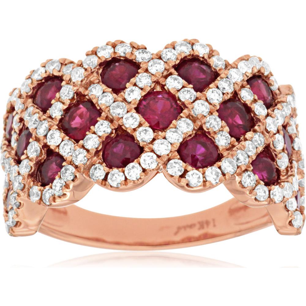 Royal 14K Rose Gold Ring with Round Rubies and Diamonds - 2.18 Carat Ruby and 0.95 Carat Diamond Total Weight