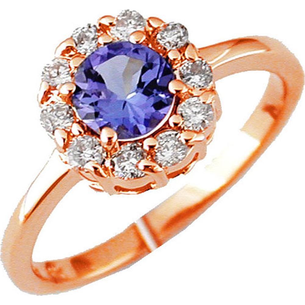 Royal 14K Rose Gold Ring with Round Tanzanite and Diamond Halo - 0.70 Carat Tanzanite, 0.30 Carat Diamond