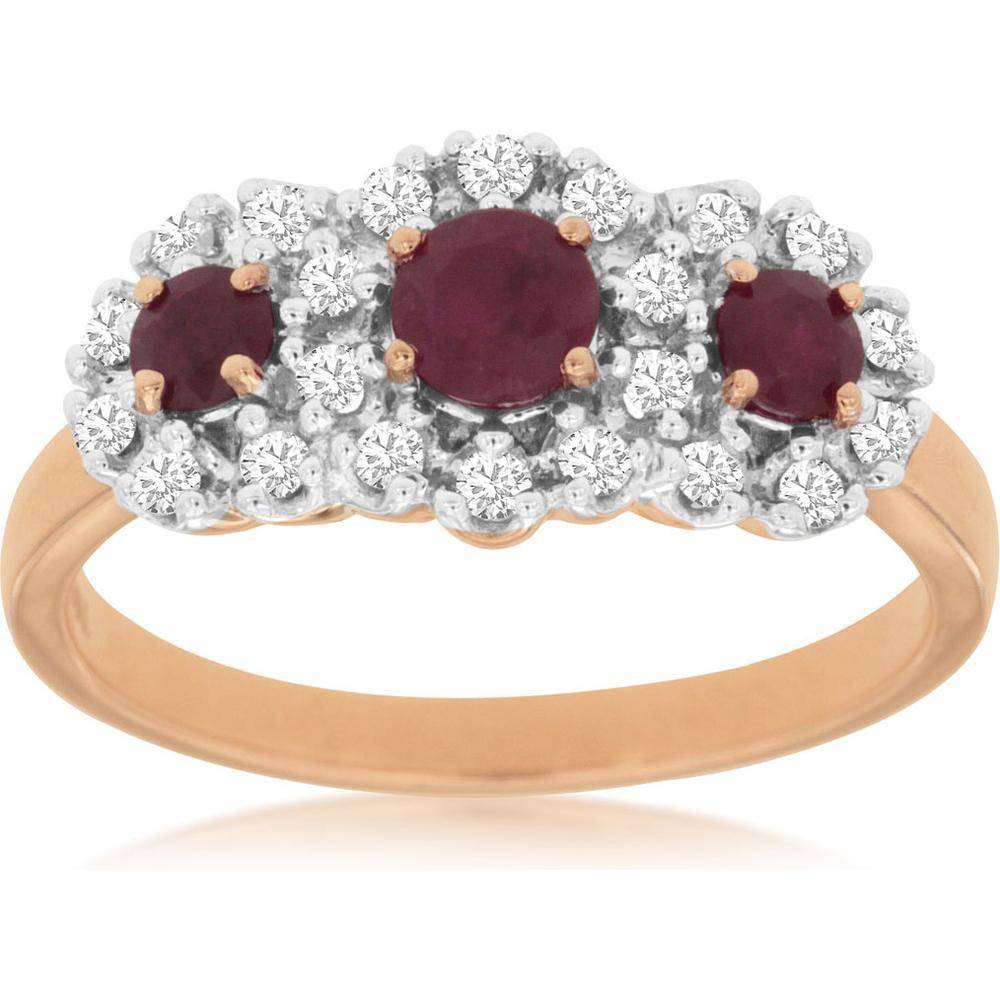 Royal 14K Rose Gold Ruby & Diamond 3-Stone Halo Ring - 0.90 Carats Total Ruby Weight, 0.25 Carats Total Diamond Weight