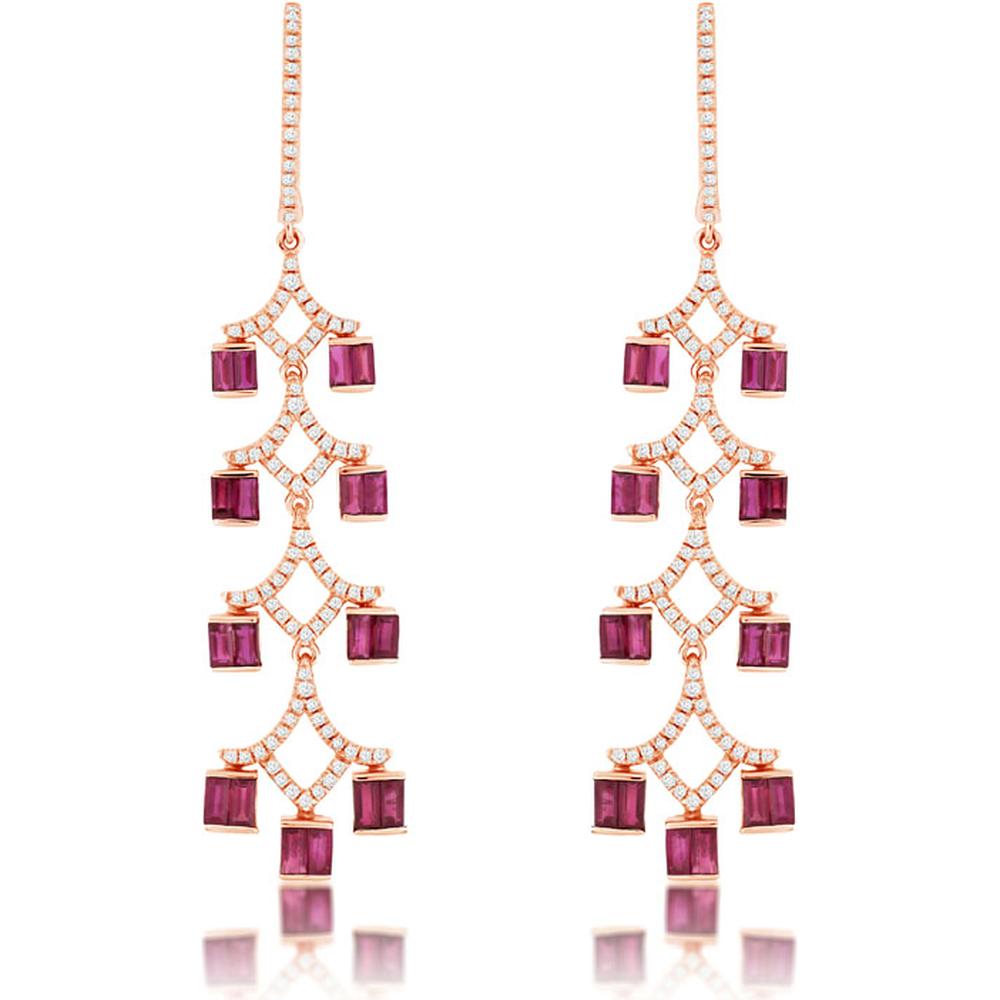 Royal 14K Rose Gold Ruby & Diamond Drop Earrings with Baguette Rubies - 2.40 Carats Total Gem Weight