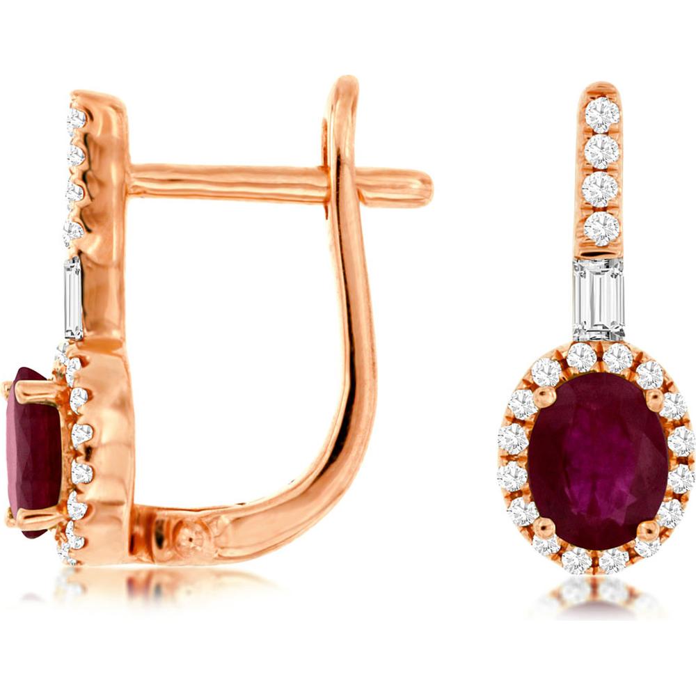 Royal 14K Rose Gold Ruby & Diamond Drop Earrings with Oval Rubies - 1.64 Carats Total Ruby Weight