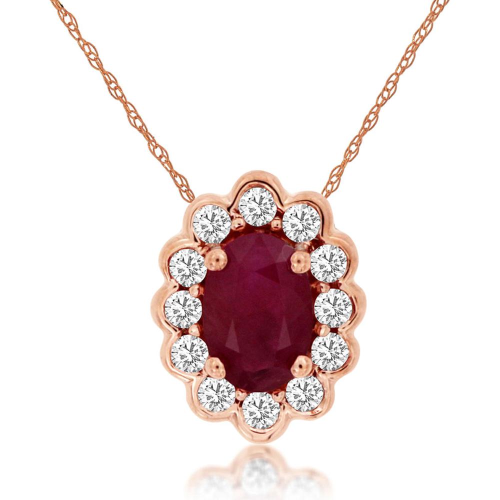 Royal 14K Rose Gold Ruby & Diamond Halo Pendant Necklace - 0.55 Carats Ruby, 0.16 Carats Diamond Total Weight